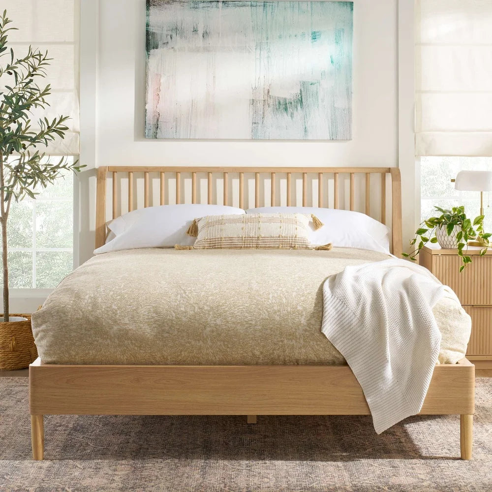 Natural Pine Finish Queen Spindle Bed Durable Solid Wood Wingback Headboard Elevated Legs Stylish Bedroom Furniture Assembly