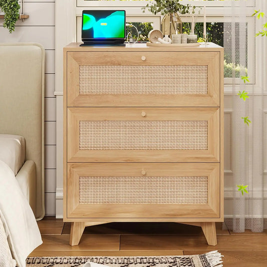 Rattan Nightstand with Charging Station, Night Stand with 3 Drawers and 2 USB Ports and 2 AC Outlets, Rattan Bedside Table