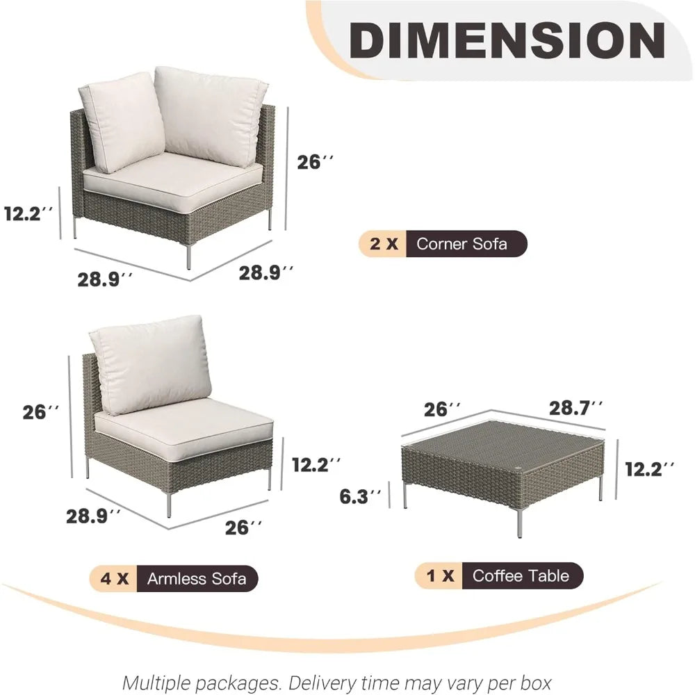 7 Pieces Wicker Patio Furniture Set, Outdoor Conversation Set Sectional Sofa with Cushion & Glass-Top Coffee Table for Garden