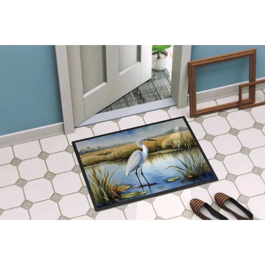 Snowy Egret in Coastal Marshes Doormat Front Door Mat Indoor Outdoor Rugs for Entryway Non Slip Washable Low Pile 24H X 36W