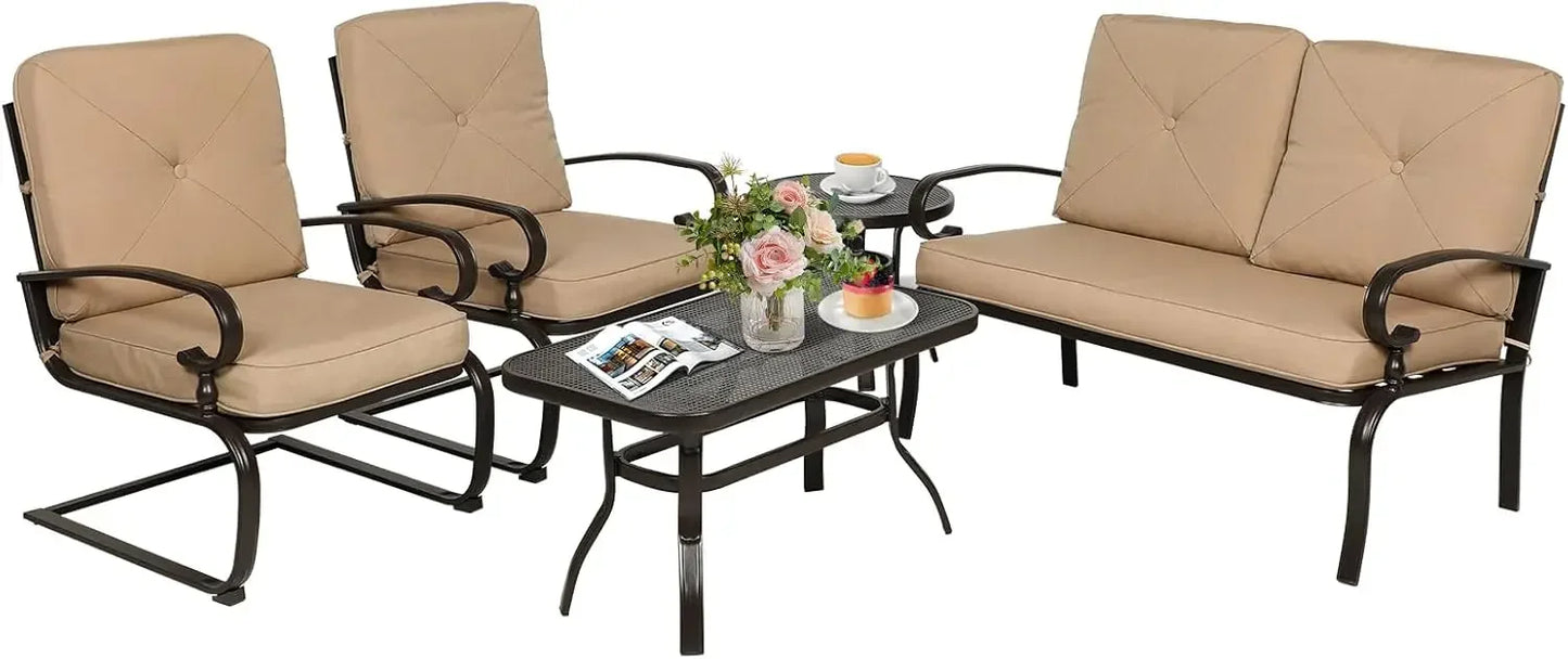 5 Piece Metal Outdoor Furniture Patio Chair Set, Wrought Iron Patio Chair Set with Cushions