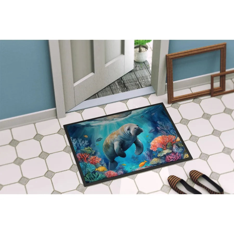Manatee and Coral Reefs Doormat Front Door Mat Indoor Outdoor Rugs for Entryway Non Slip Washable Low Pile 24H X 36W