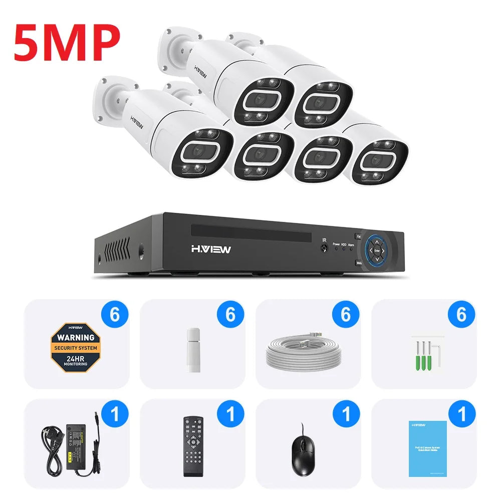 H.View 4K 5Mp 8Mp poe Cctv Security Camera System Home Video Surveillance Kit 8Ch Nvr Audio Outdoor Ip Camera xmeye app