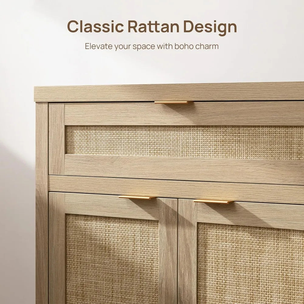 Sideboard Buffet Storage Cabinet Set of 2, Rattan Credenza Buffet Table, Bohemian Organizer w/ Glass Doors & Adjustable Shelves