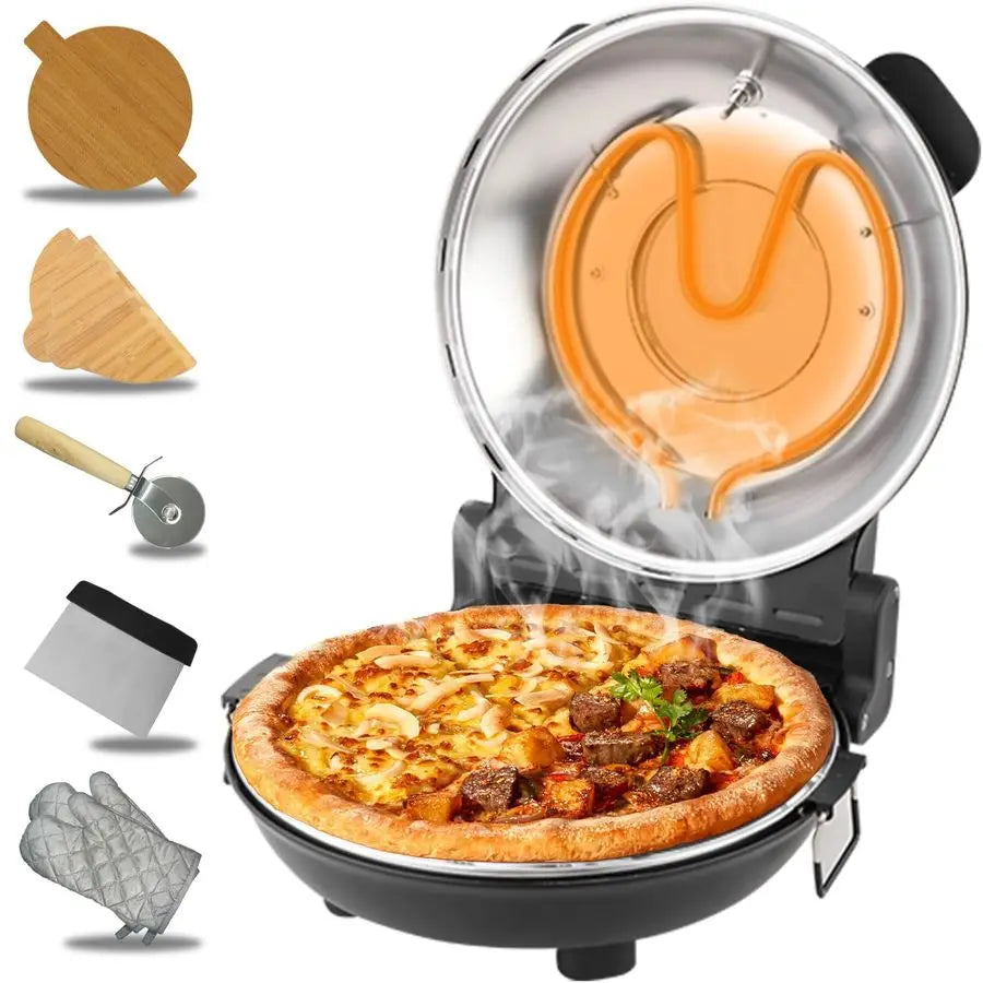 Oven Indoor, 12 Inch Retro Pizza Maker, Rapid Heating 800F, 1200W Glazed Ceramic Stone Electric Pizza Cooker, Twobutton Precise