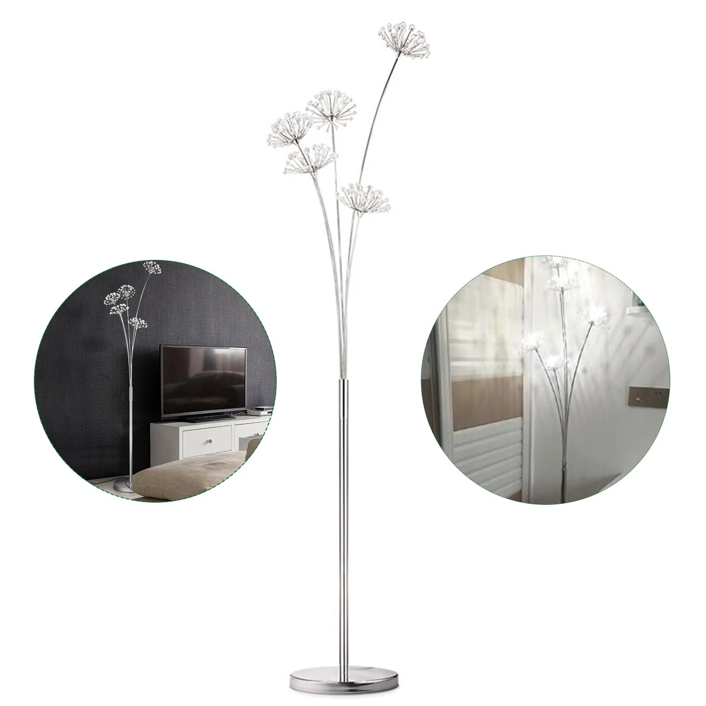 Silver Crystal Floor Lamp, 5-Head, Modern Design, 175cm Height, Stylish Lighting for Living Room