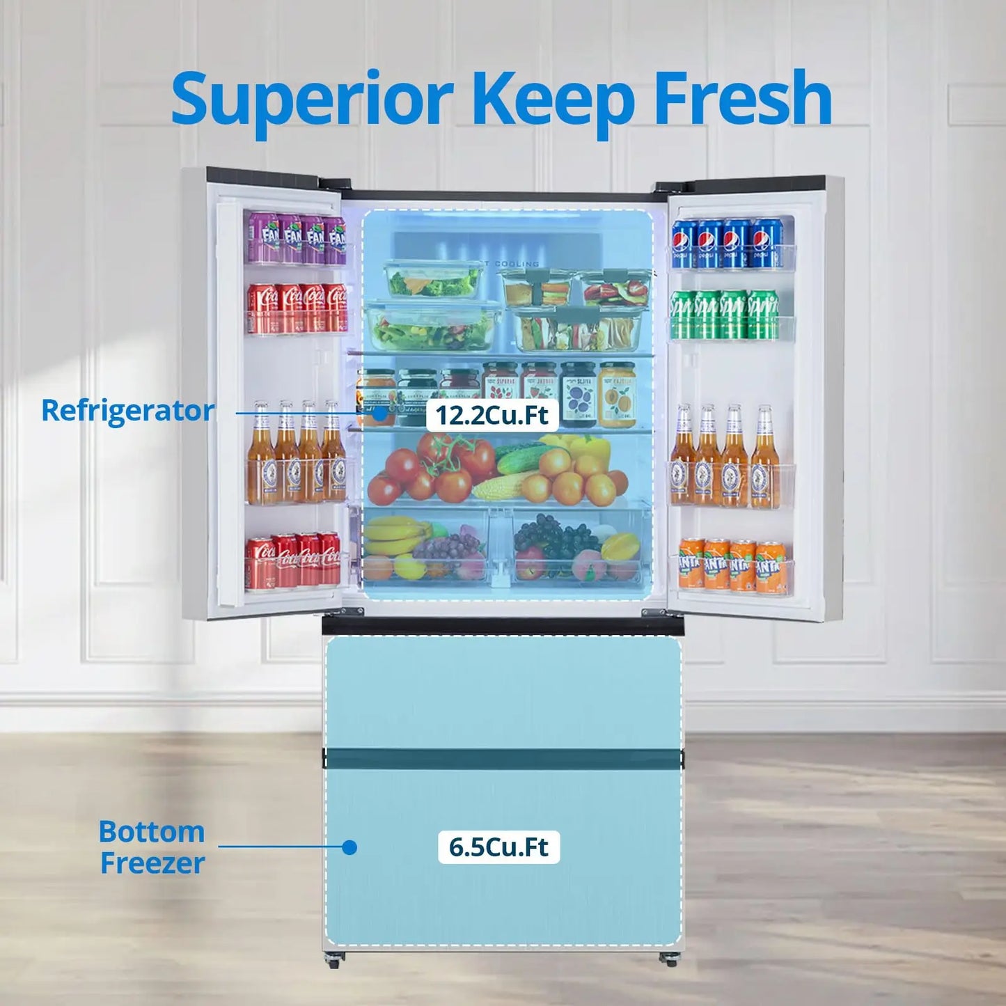 PioneerWorks French Door Refrigerator with Large Capacity 18.8Cu.Ft, 4 Door Full Size Counter Depth Stainless Steel, Auto Defros