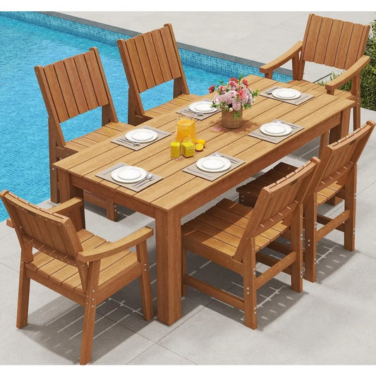 Outdoor Dining Set for 6,HDPE Rectangle Table and Chair, Weather-Resistant, Patio Furniture Sets with Umbrella Hole for Backyar