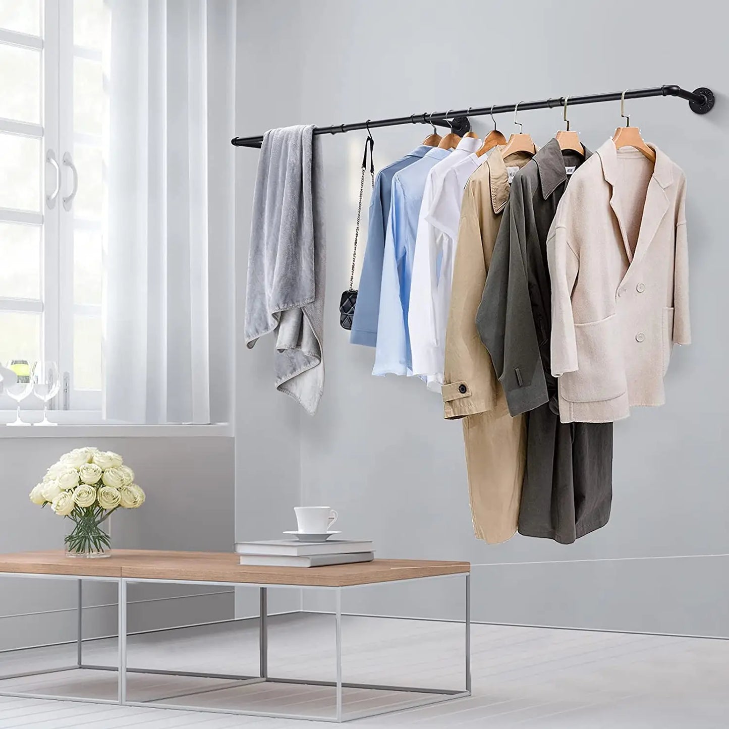 180cm Bedroom Garment Home Rail Multipurpose Wall Mounted Industrial Pipe Clothes Rack Space Saving Hanging Shelf with 3 Hooks
