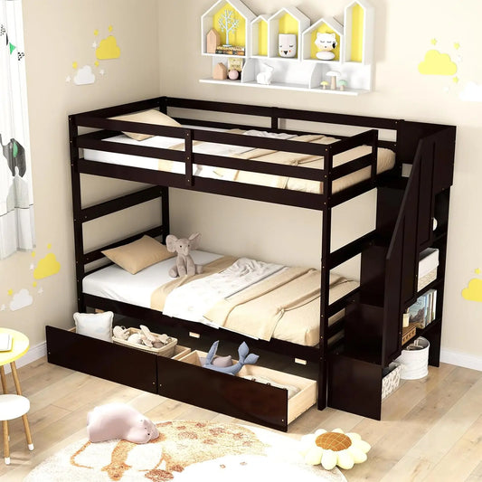 Wood Twin Over Twin Bunk Bed with 2 Storage Drawers & Stairs, Bunk Beds with Safety Guardrail & Shelves,