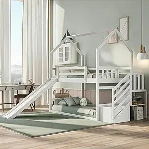 Harper And Bright Designs Twin Over Twin Bunk Bed With Slide