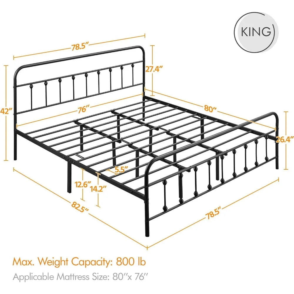 Classic Metal Platform Bed Frame Mattress Foundation with Victorian Style Iron-Art Headboard/Footboard/Under Bed Storage