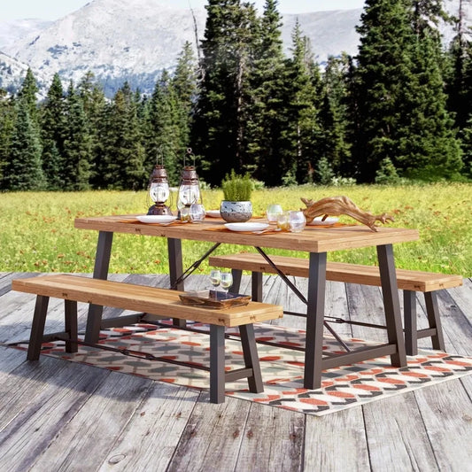 3 Piece Wood Outdoor Furniture Set Two Benches One Table