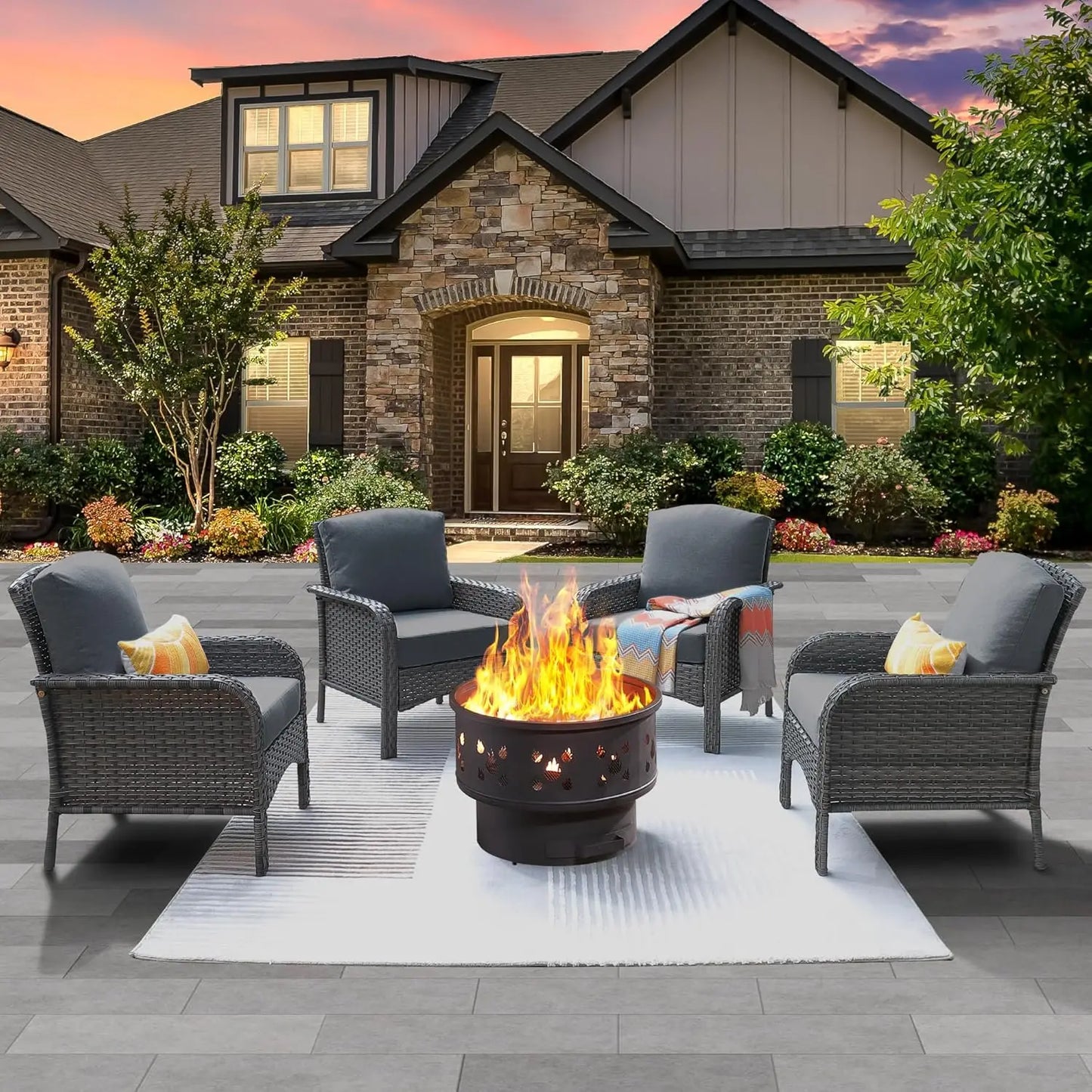 4 Pieces Patio Furniture Set with 30" Fire Pit Table, Outdoor Wicker Chairs of 4, All Weather High Back Rattan Chairs 4-Seater w