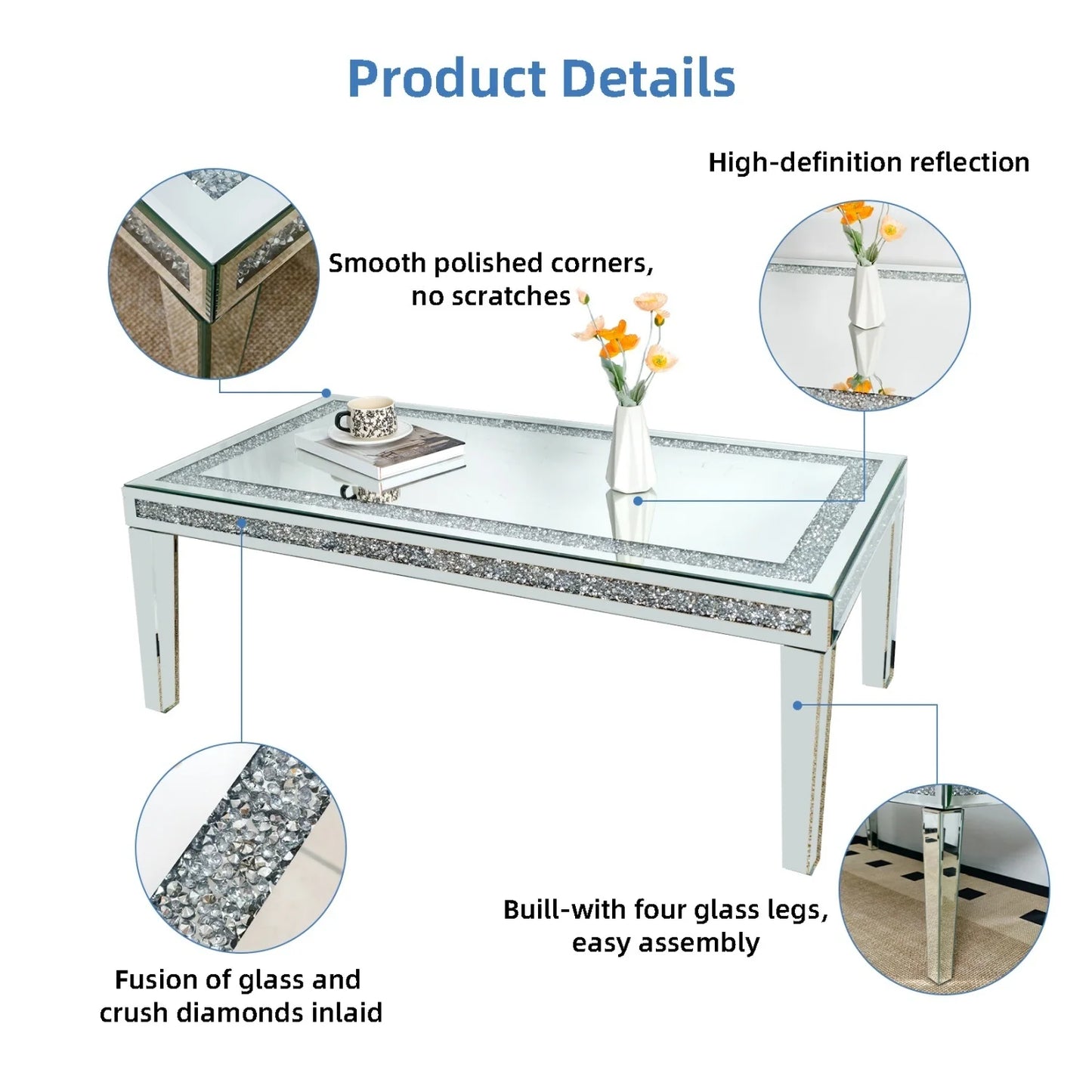 Finishes Crushed Diamond Coffee Table With Mirrored Finish