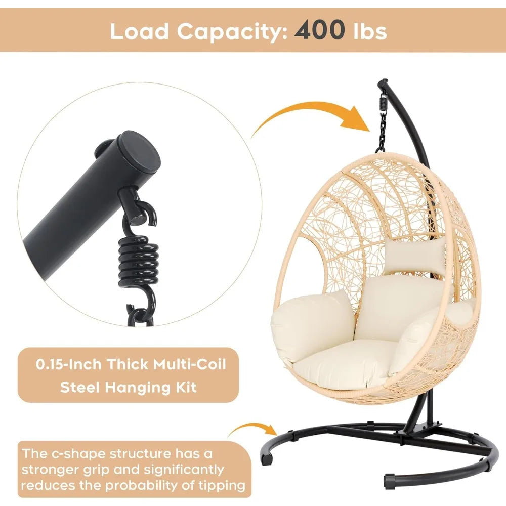 Hanging Egg Chair with Stand, Outdoor Swing Egg Chair with Rain Cover, 400 LBS Capacity All-Weather PE Wicker Swing Chair