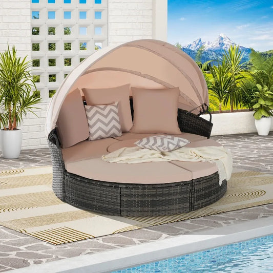 5 Pieces Outdoor Patio Round Daybed Furniture Wicker Conversation Set with Retractable Canopy Soft Cushions and Storable Table