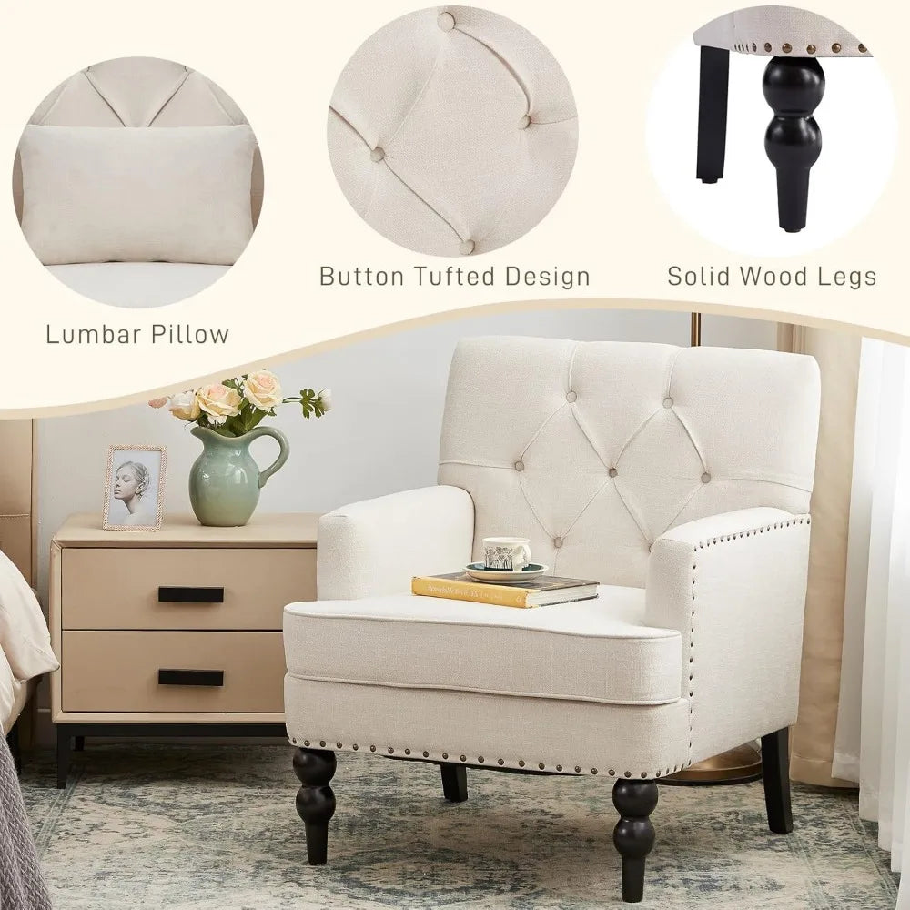 Tufted Club Chair Set of 2,Accent Chair with Lumbar Pillow, Upholstered Button Armchair, Fabric Sofa Chairs for Bedroom,