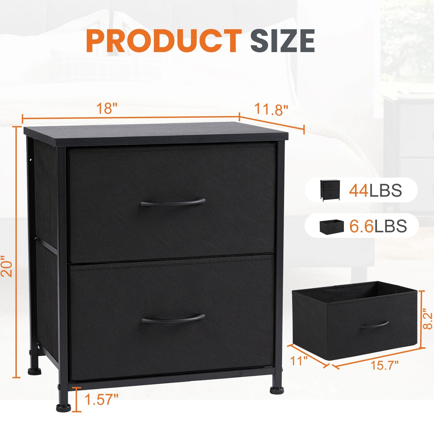 Modern Minimalist Nightstand with Two Fabric Drawers for Storage
