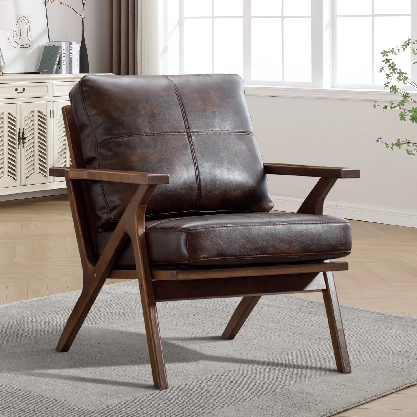 Accent Chair with Wood Frame, PU Leather Chair with Removable Upholstered Cushions for Living Room
