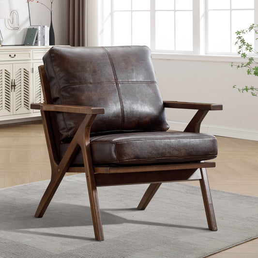 Accent Chair with Wood Frame, PU Leather Chair with Removable Upholstered Cushions for Living Room