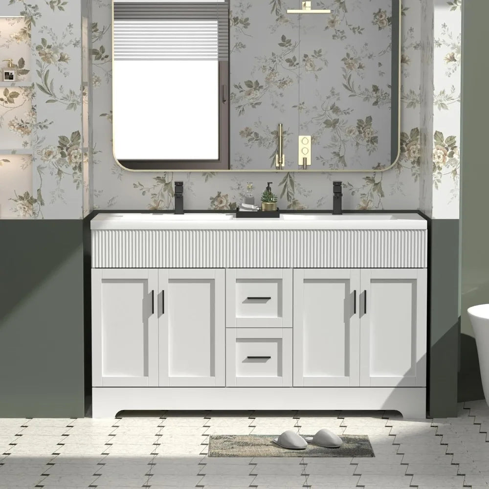 60" Bathroom Vanities Sink Combo with Painted Surface, Modern Drawered Cabinet W/Decorative Wave Lines, Undermount Double Sink