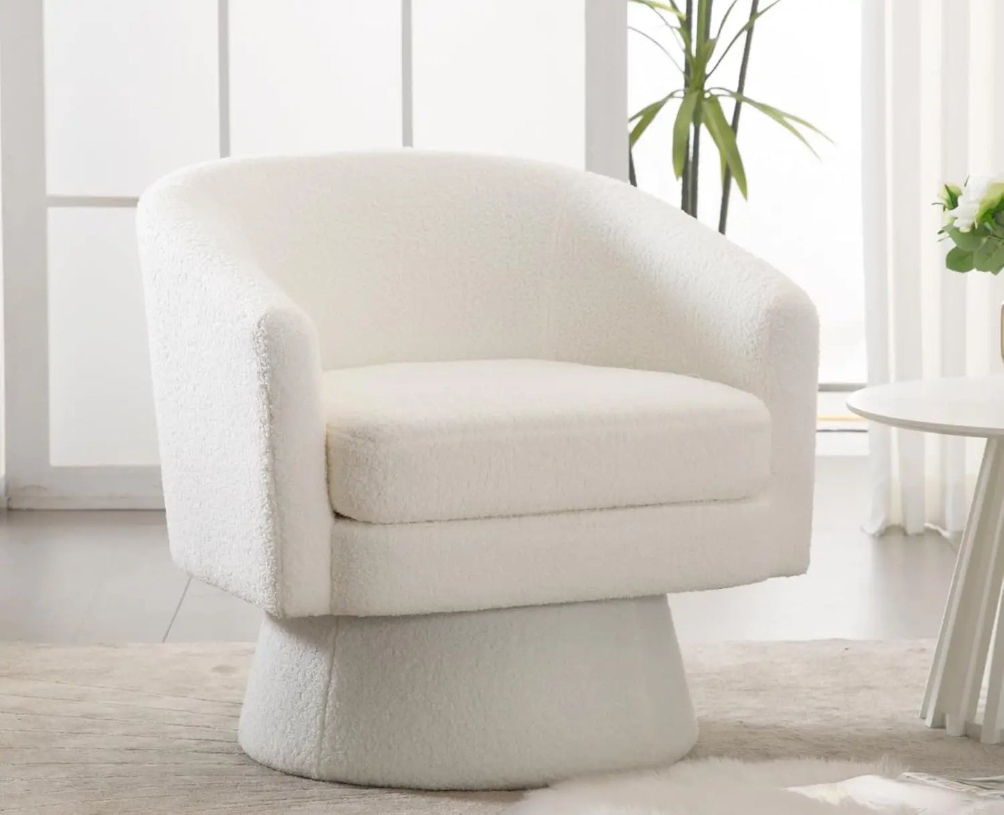 Boucle Swivel Accent Chair White Barrel Arm Chair Round Cozy Upholstered Modern Sherpa Fabric Single Sofa Chair for Living Room/