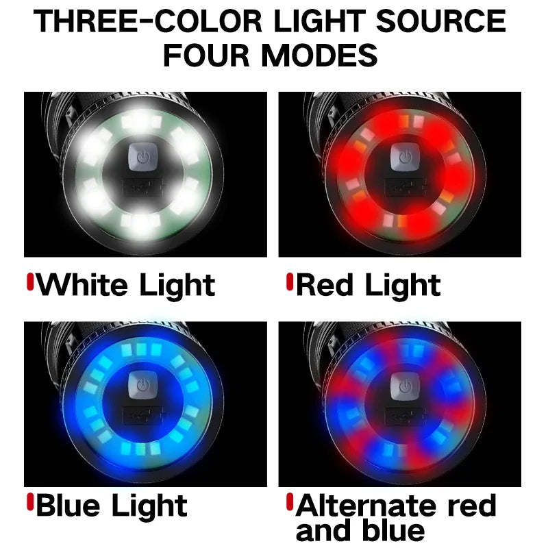 White Laser Ultra Bright LED Flashlight, 9 Light Sources Suitable for Outdoor Camping Emergency Use, ABS Waterproof and Durable