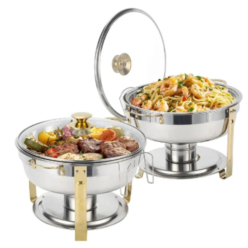 5QT 2/4 Pack Gold Round Chafing Dish Food Warmer Set with Stainless Steel Lid Fuel Can Home Party Hotel Buffet Gas Fuel Food Pan