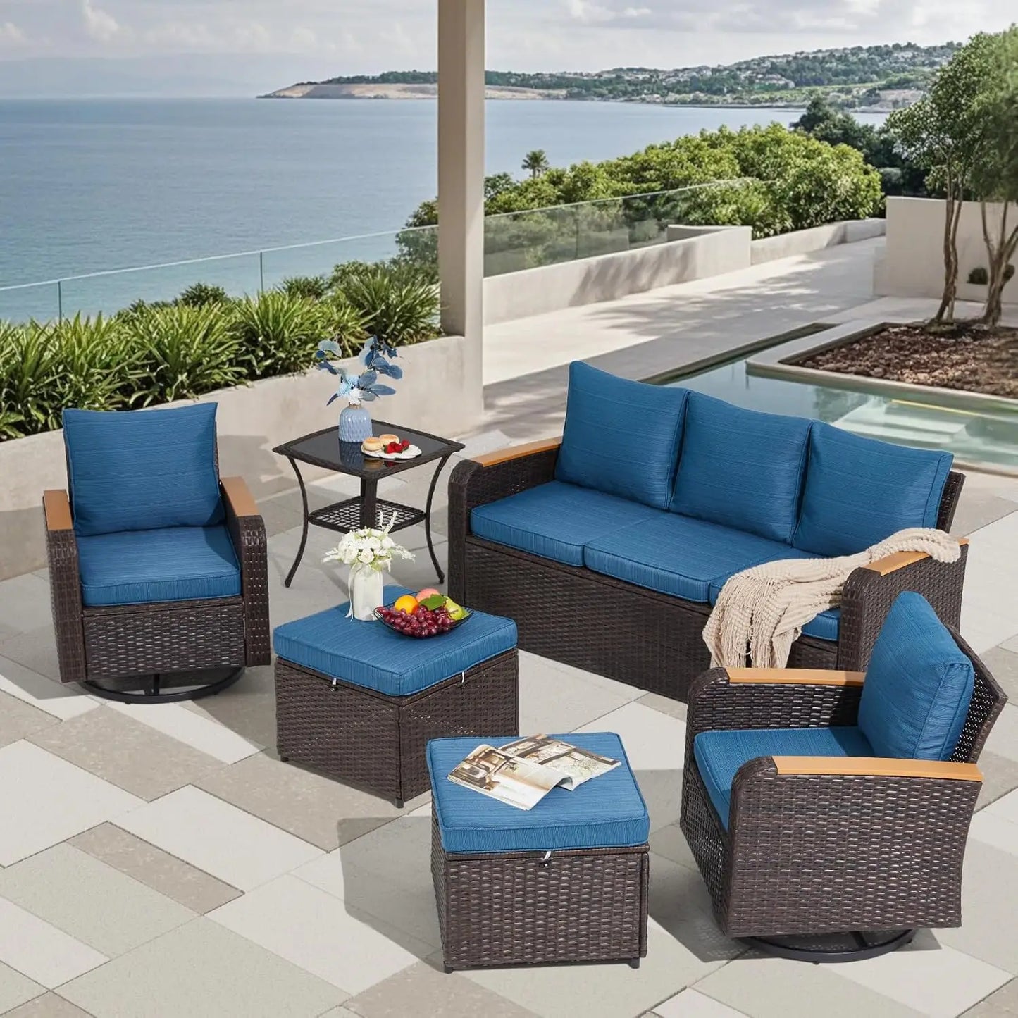 "6-Piece Wicker Patio Furniture Set, Outdoor Conversation Set with PE Rattan Sectional Sofa & Swivel Chairs – Ideal for Indoor