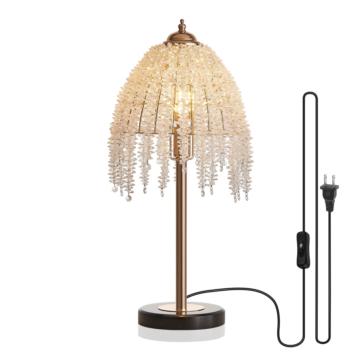 Elegant Crystal Table Lamp Vintage Waterfall Design with Crystal Bead String Shade&Marble Textured Base for Living Room Bedroom