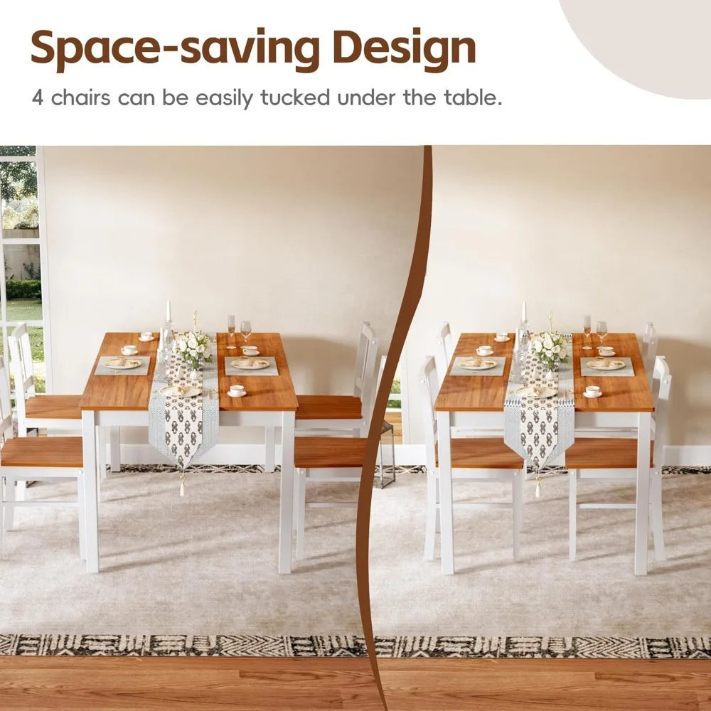 5-Piece Farmhouse Dining Table Set for 4 - Space-Saving Kitchen Dinette Set with 4 Chairs & Rubber Wood Legs