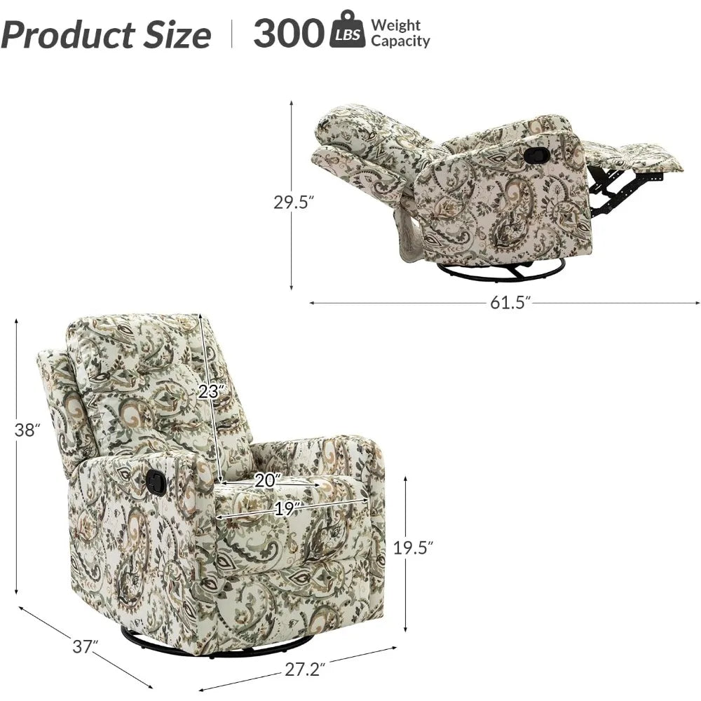 Recliner Chair Modern Printed Fabric for Living Room, Wingback Rocker Recliner Sofa Comfy Armchair 360 Degree Swivel, Nursery R