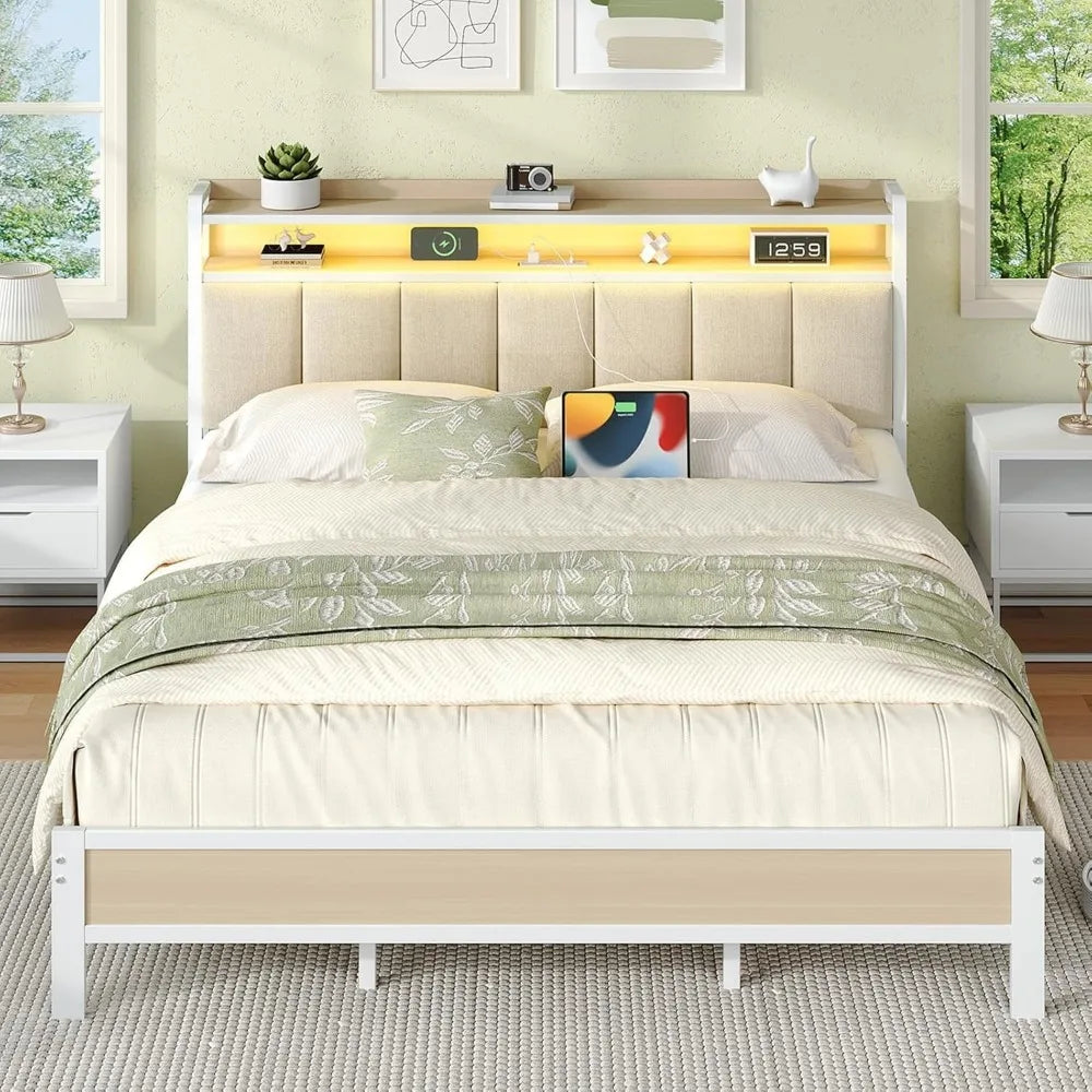 ANGDUO Bed Frame With Storage Headboard And LED Lights
