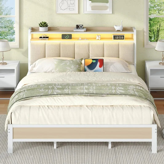 ANGDUO Bed Frame With Storage Headboard And LED Lights