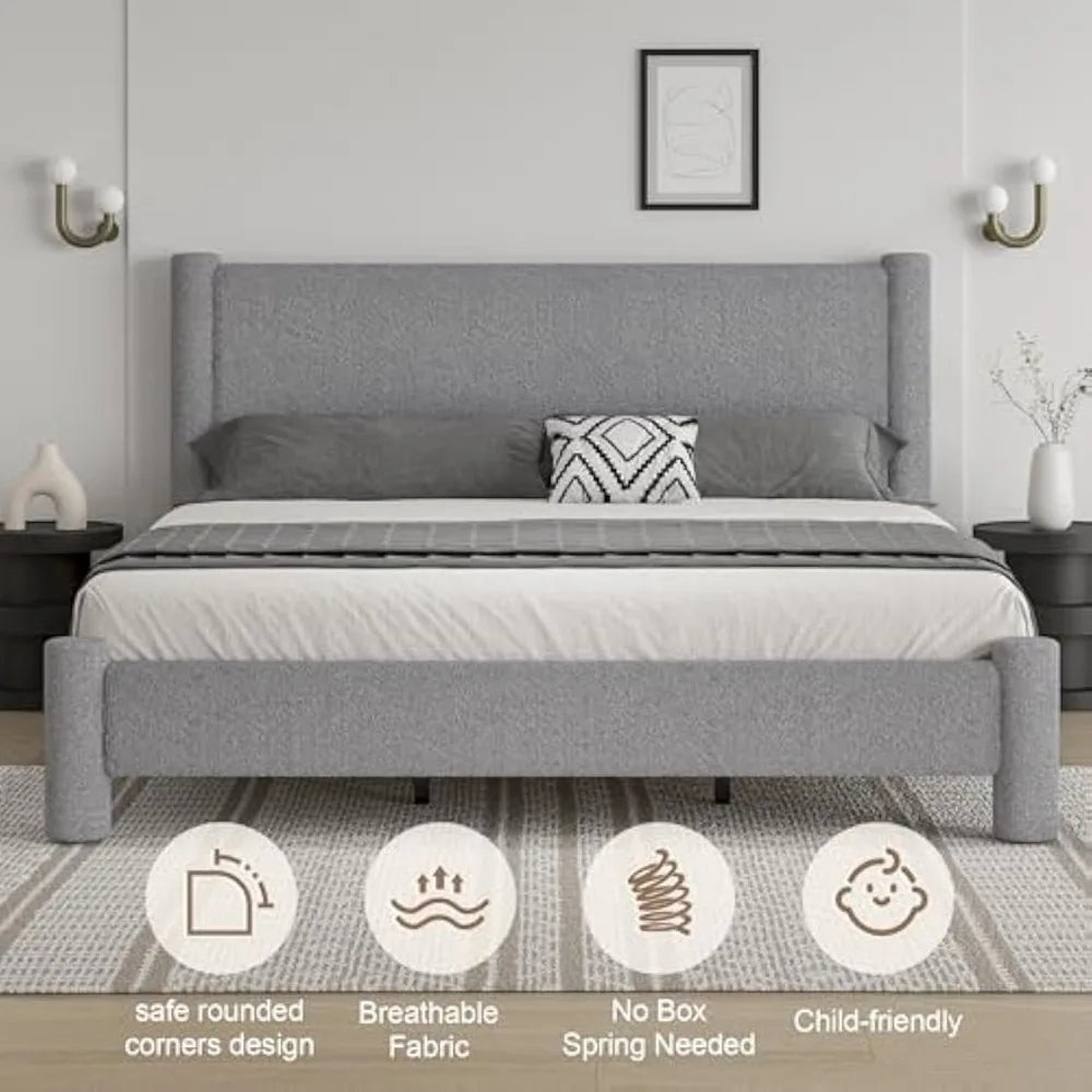 HUANZHUANG Boucle Upholstered Platform Bed Frame Headboard