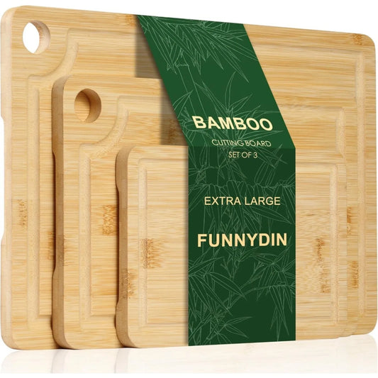 Organic Bamboo Cutting Board Set of 3, Large Wooden Cutting Boards for Kitchen, Wood Cutting Board with Juice Grooves