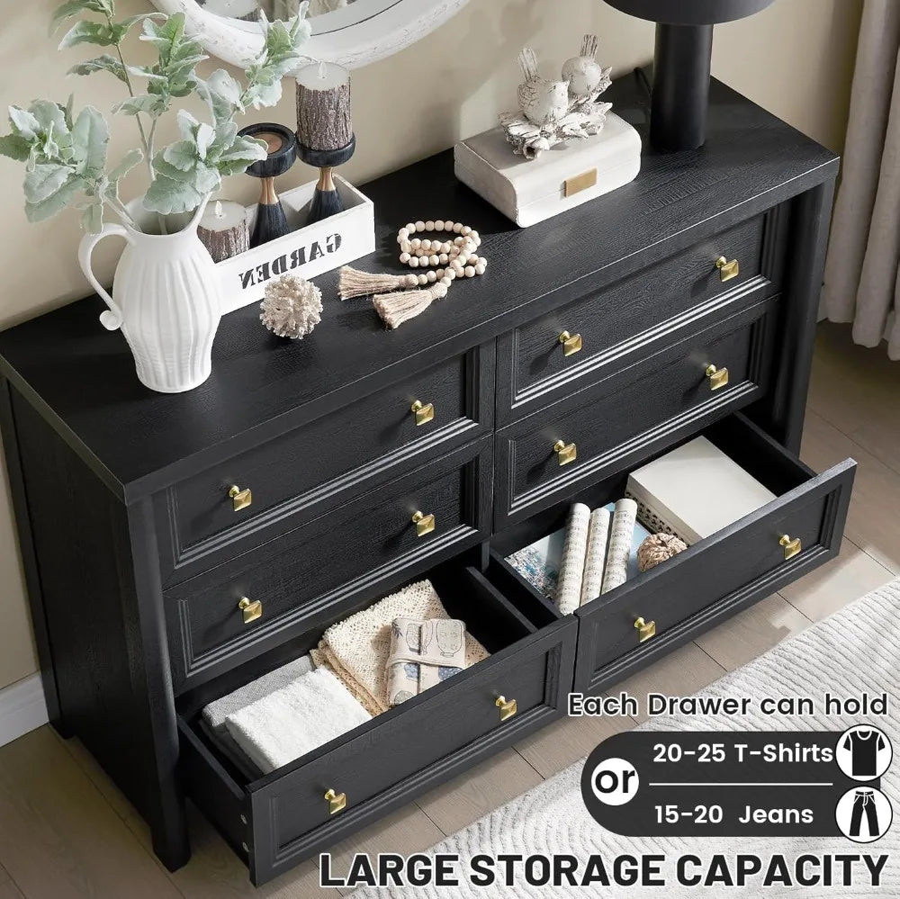Black Dresser, Farmhouse 6 Drawer Dresser for Bedroom, 52 inch Wide Dressers with Deep Drawers, Vintage Dressers, Solid Wood