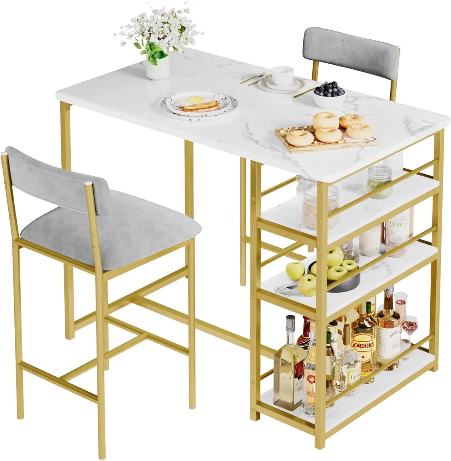 3-Piece Bar Table and Chairs Set with 3 Tier Storage Shelves, Dining Table Set for 2 with PU Cushion Bar Chairs & & MDF Board To