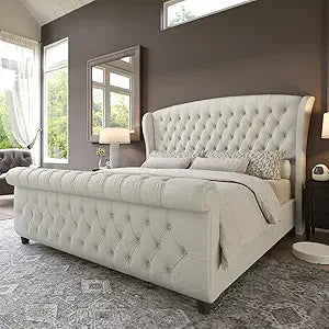 AMERLIFE Queen Size Platform Bed Frame, Chenille Upholstered Sleigh Bed with Scroll Wingback Headboard & Footboard/Button Tufted