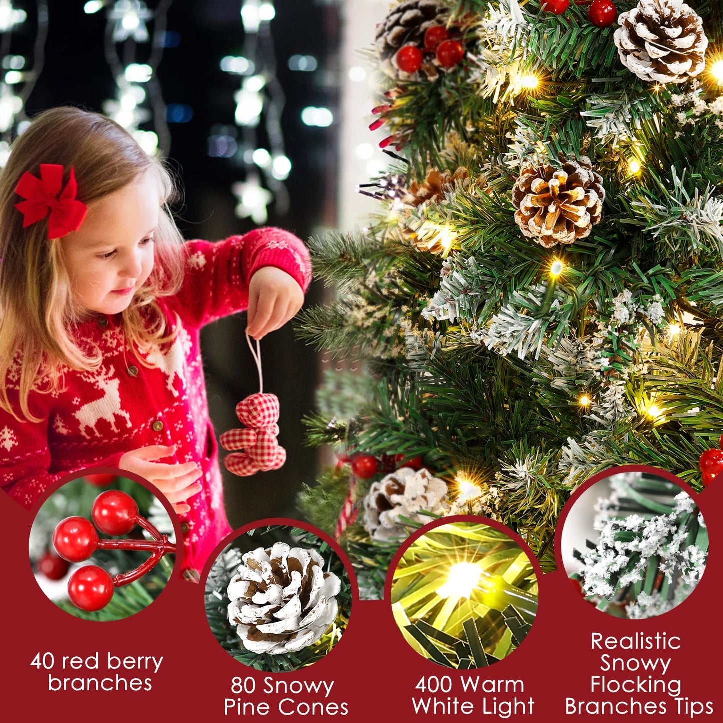 7.5 Ft Pre-Decorated Pencil Christmas Tree Pre-Lit Holiday Tree Warm White Lights with Clear Lights Collapsible 955 PVC Tips