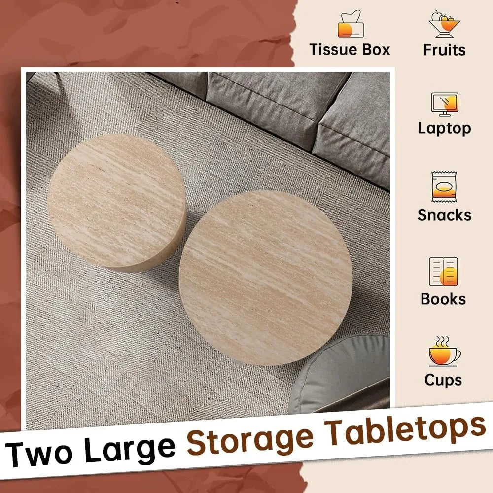 Pair of Modern Nesting Coffee Tables - Small Circular Travertine Side Tables for Home Decor