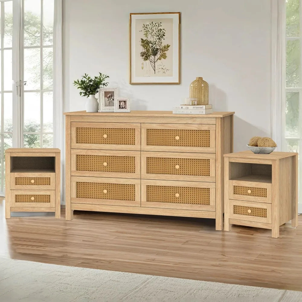 Farmhouse Bedroom Set, 3 Pieces Bedroom Furniture Set, Rustic Wood 6 Drawer Dresser and Nightstands, Chest of Drawers Wide Stora