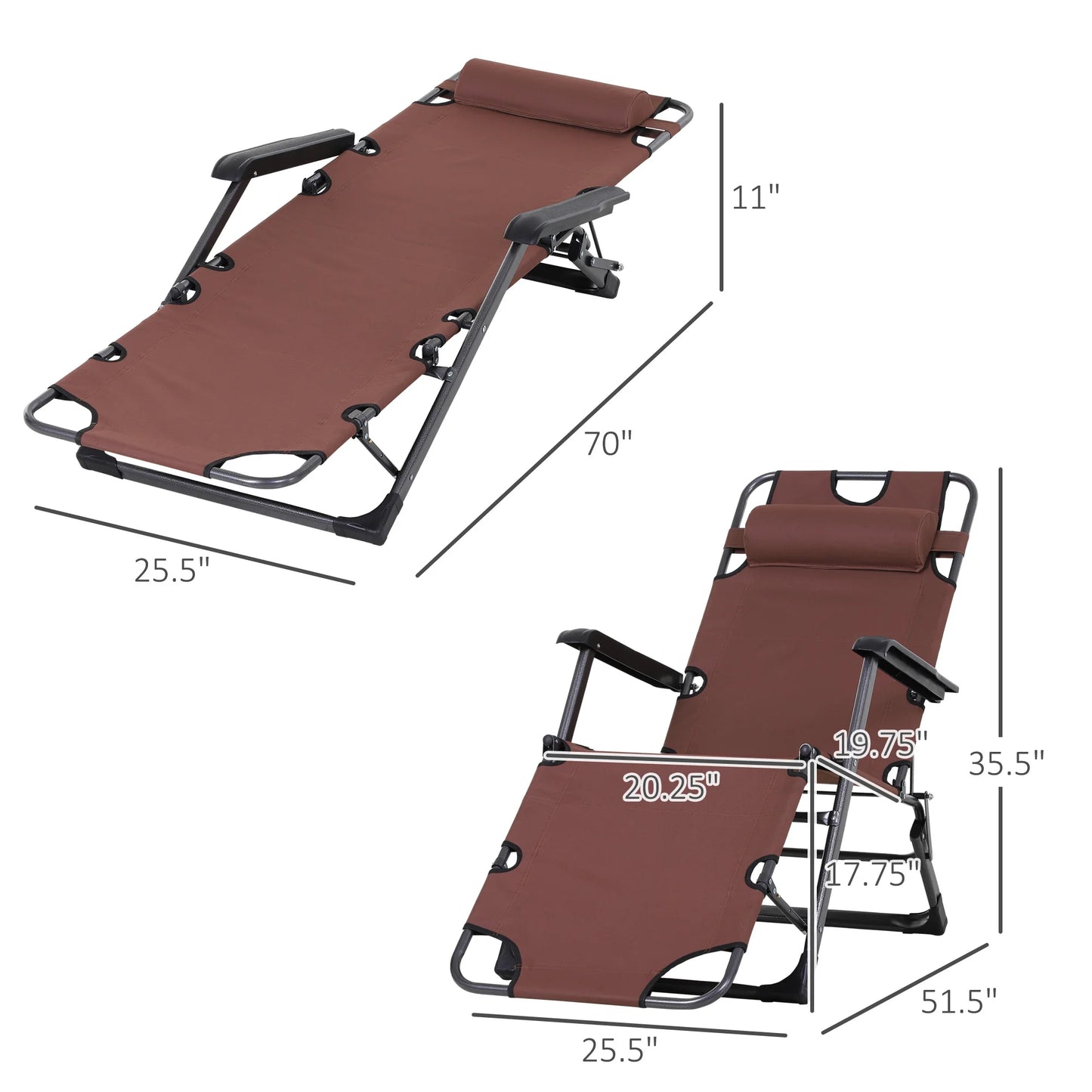 Outdoor Folding Patio Chaise Lounger Armchair Recliner W/ Padded Headrest, Brown