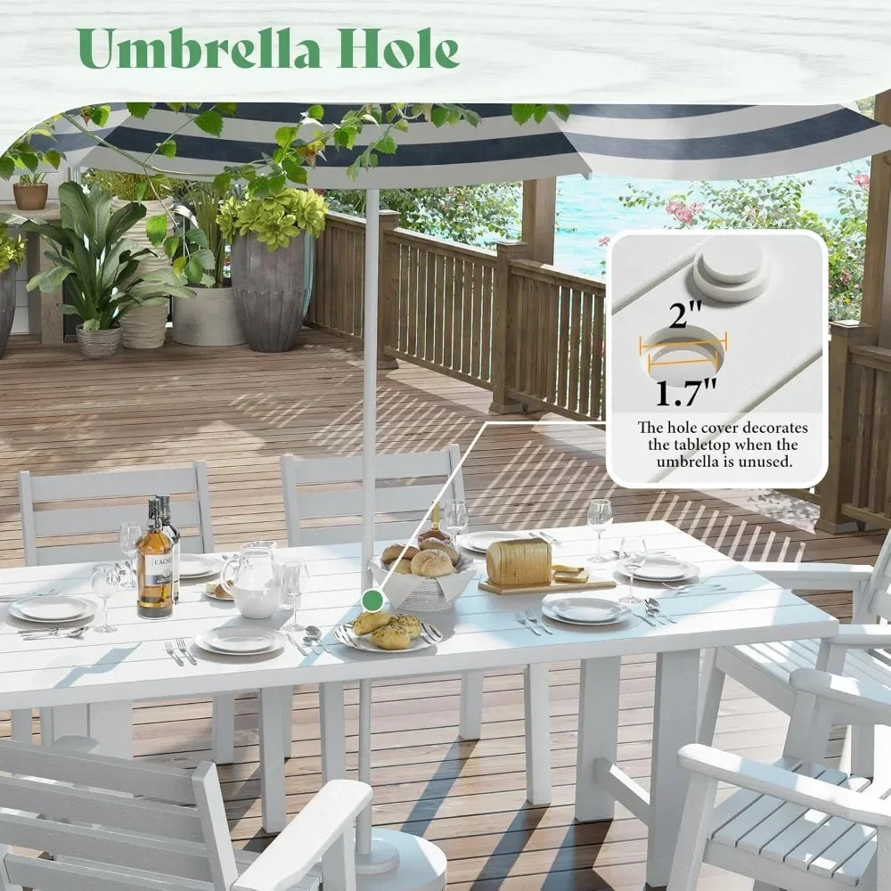 7-Piece HDPE Outdoor Dining Table Set with 6 Chairs,71" L Patio Dining Furniture Set with Umbrella Hole