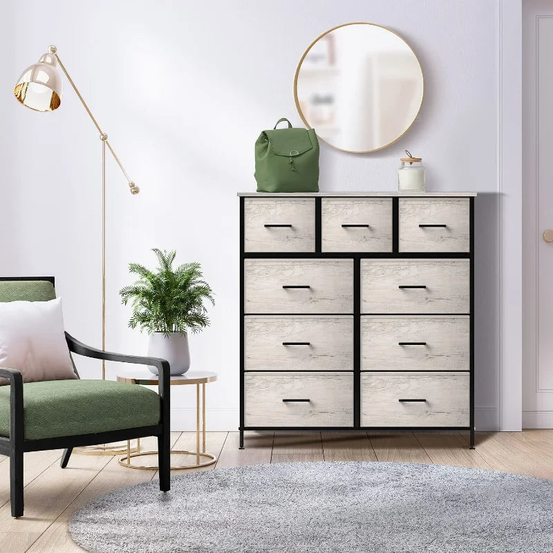 9 Drawer Fabric Dresser for Bedroom - Tall Storage Chest of Drawers for Clothes, Portable Stand up Wardrobe with Faux Woo