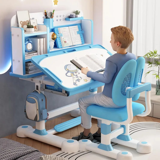 Kids Functional Desk and Chair Set, Ergonomic Height Adjustable Children School Study Desk with Tilt Desktop, Book Stand, Metal