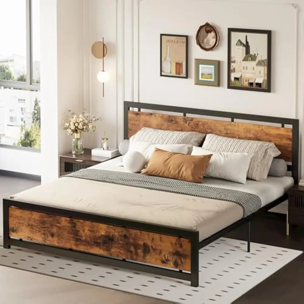 King Size Bed Frame with Headboard and Footboard, Metal Strong Supports, Easy Assembly, Noise-Free, No Box Spring Needed
