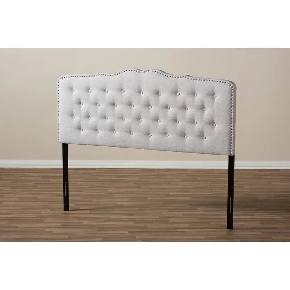 Modern Tufted Fabric Headboard Queen Size Curved Design Upholstered Greyish Beige with Nailhead Trim Adjustable Height Assembly