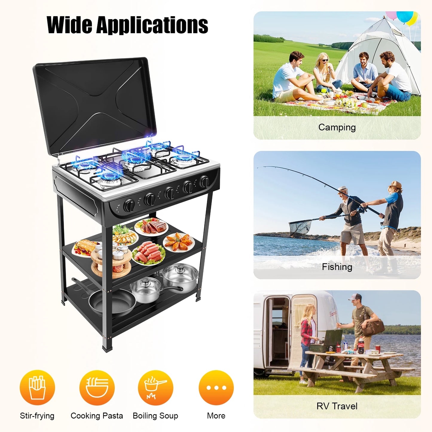 Natural Gas Stove with 5 Burners Outdoor 5-Burner Stove Portable Gas Stove Manual Ignition with 2 Placement Boards